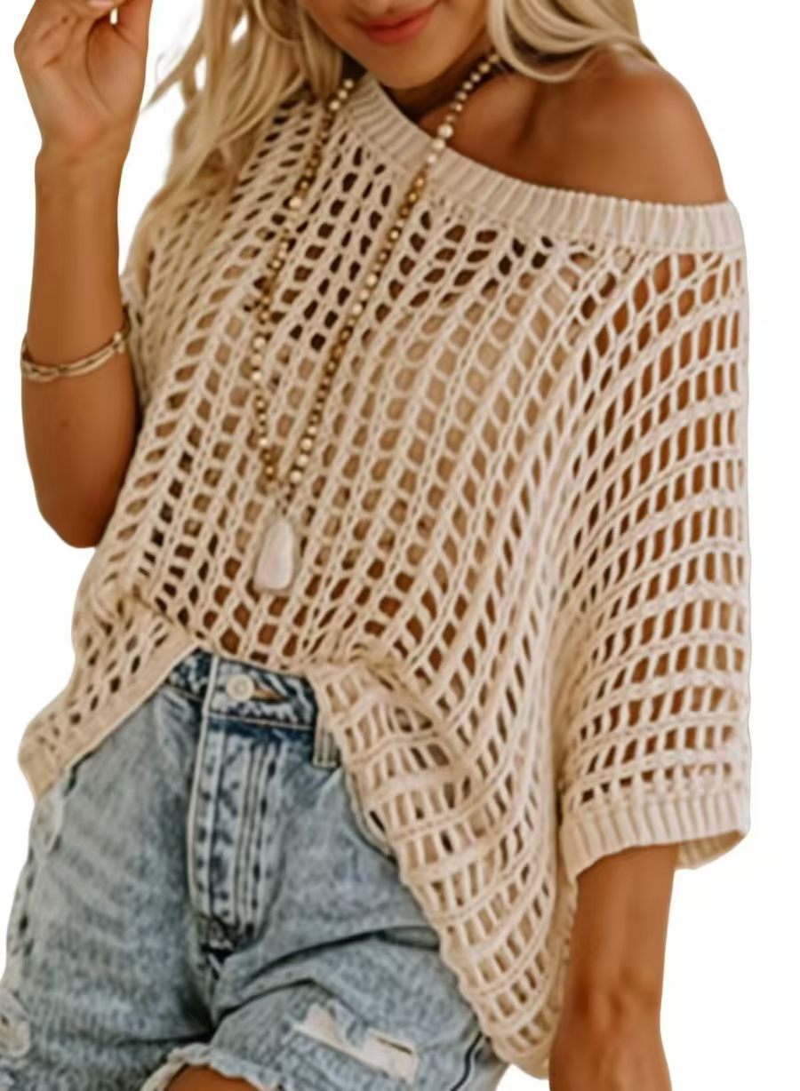 VISSONG Women’s Wide-Neck Openwork Batwing Knit Top