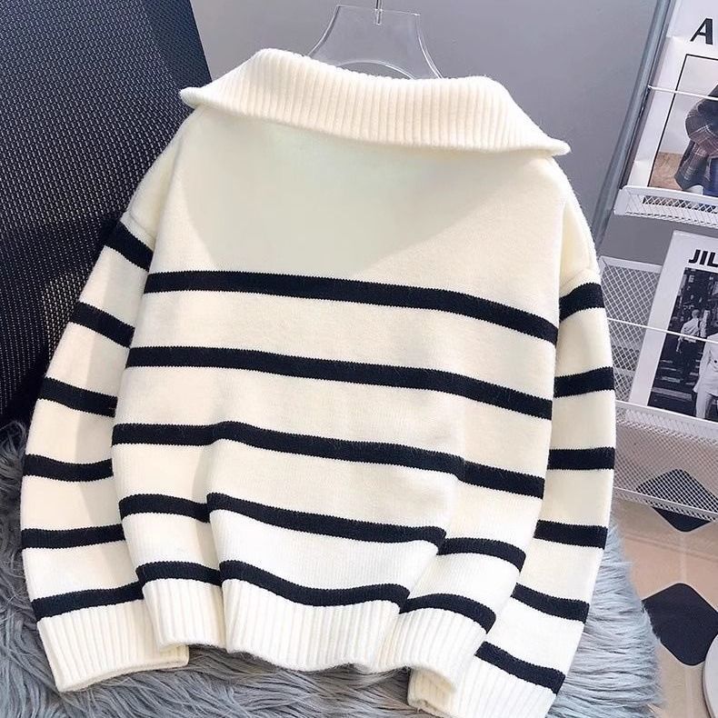VISSONG Women’s Striped Zip-Neck Collared Knit Sweater