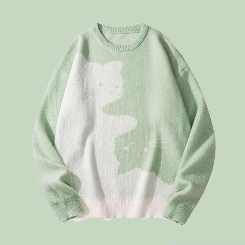 VISSONG Women’s Two-Cat Colorblock Crewneck Knit Sweater