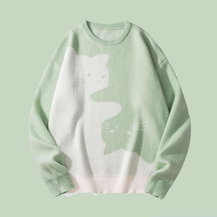 VISSONG Women’s Two-Cat Colorblock Crewneck Knit Sweater