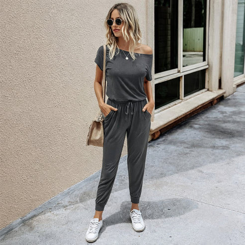 VISSONG Women’s Wide-Neck Drawstring Jogger Jumpsuit