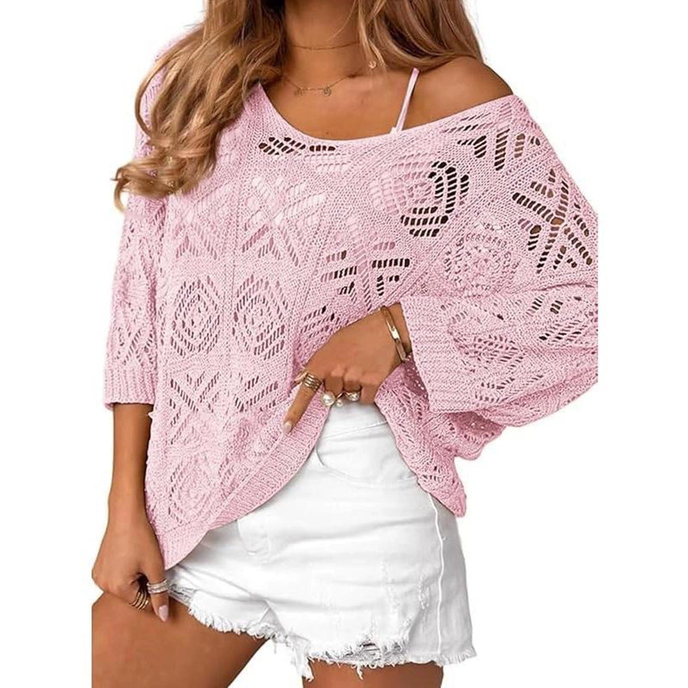 VISSONG Women’s Geometric Pointelle Wide-Neck Knit Top