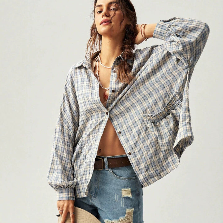 VISSONG Women’s Ruffle-Pocket Plaid Shirt