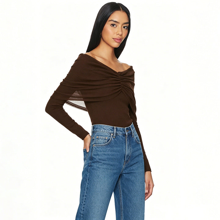 VISSONG Ruched Off-Shoulder Mesh Overlay Top