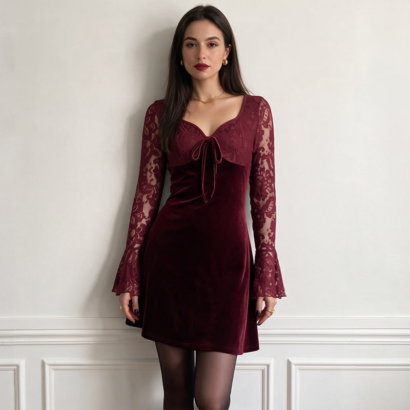 VISSONG Burgundy Velvet Lace Bell-Sleeve Mini Dress
