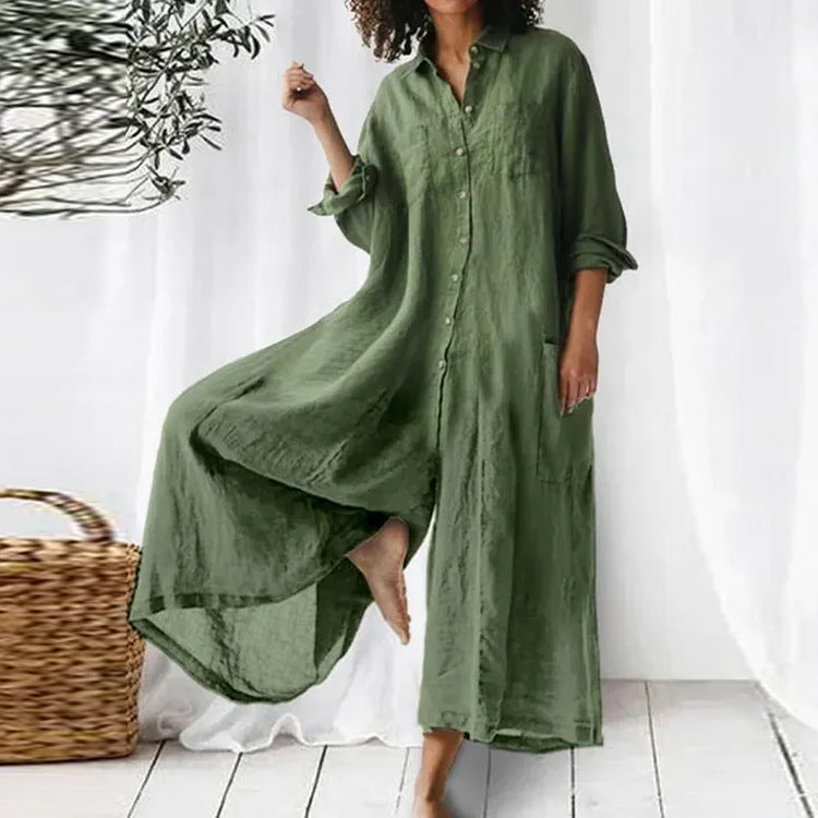 Women’s Cotton-Linen Button-Front Pocket Maxi Shirt Dress