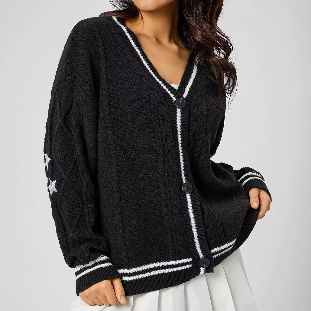 Star-Accent Cable Knit Varsity Cardigan