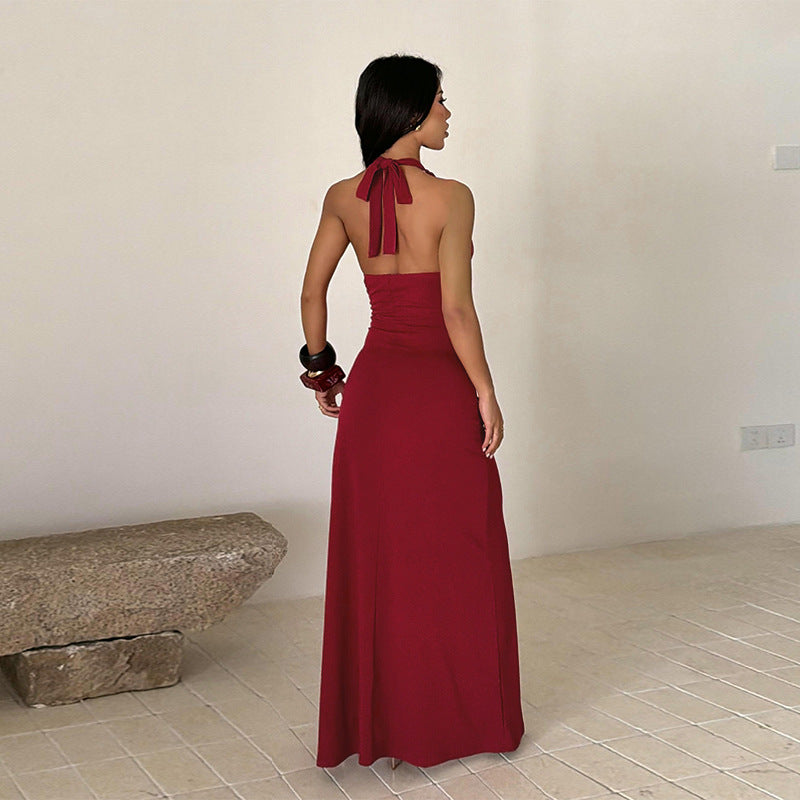 Women’s High-Neck Halter Ruched High-Slit Maxi Dress