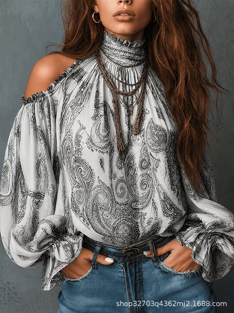 Vintage Bohemian Off Shoulder Lantern Sleeve Blouse