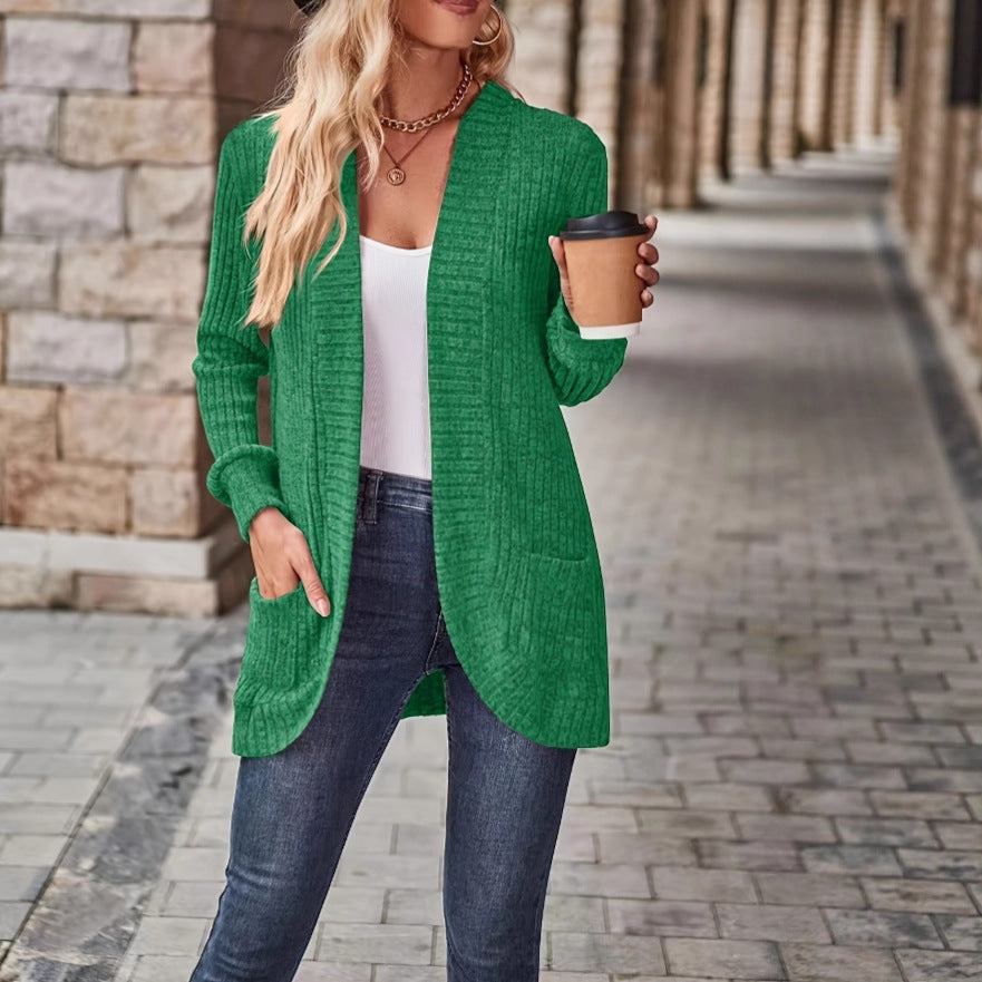 VISSONG Women’s Ribbed Open-Front Curved-Hem Pocket Cardigan