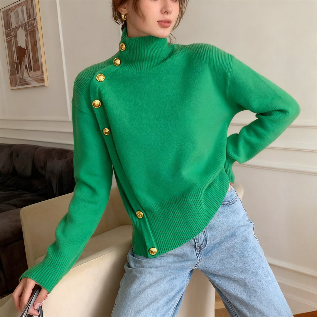 VISSONG Women’s Asymmetric Gold-Button Turtleneck Sweater