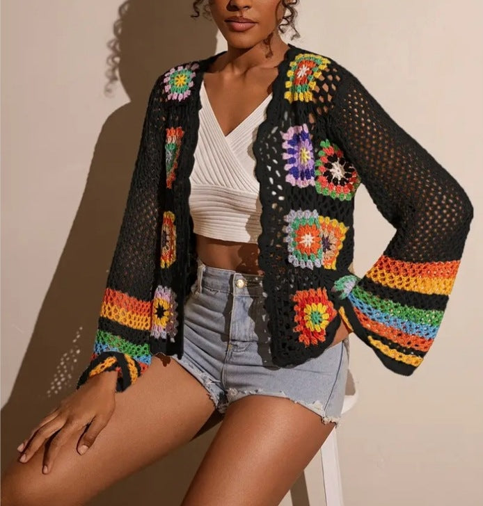 VISSONG Colorful Granny Square Crochet Cardigan
