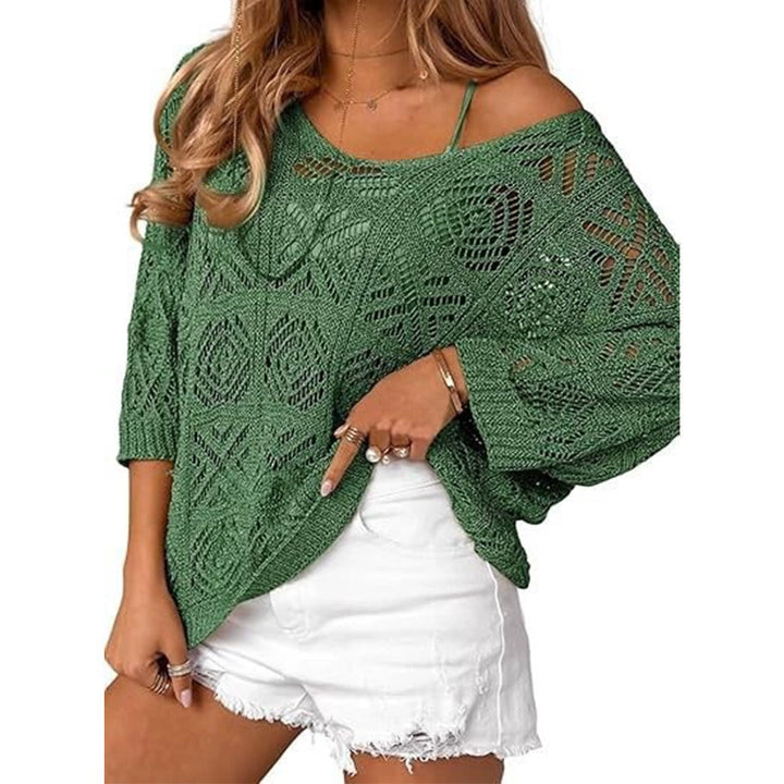 VISSONG Women’s Geometric Pointelle Wide-Neck Knit Top