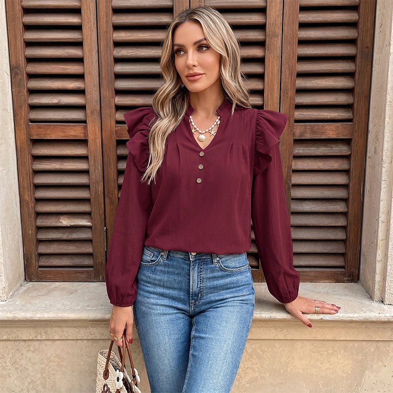 Ruffle-Shoulder Buttoned Long-Sleeve Blouse