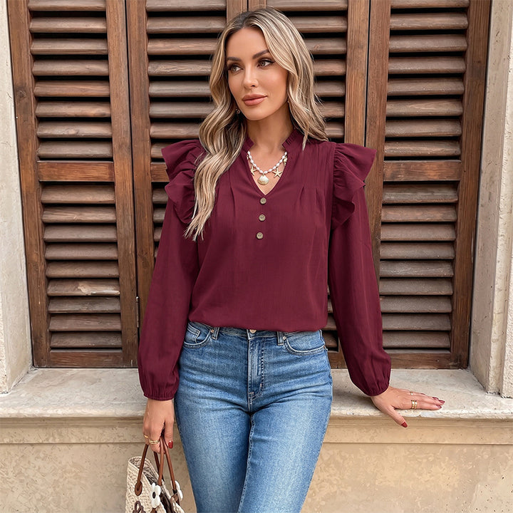 Ruffle-Shoulder Buttoned Long-Sleeve Blouse