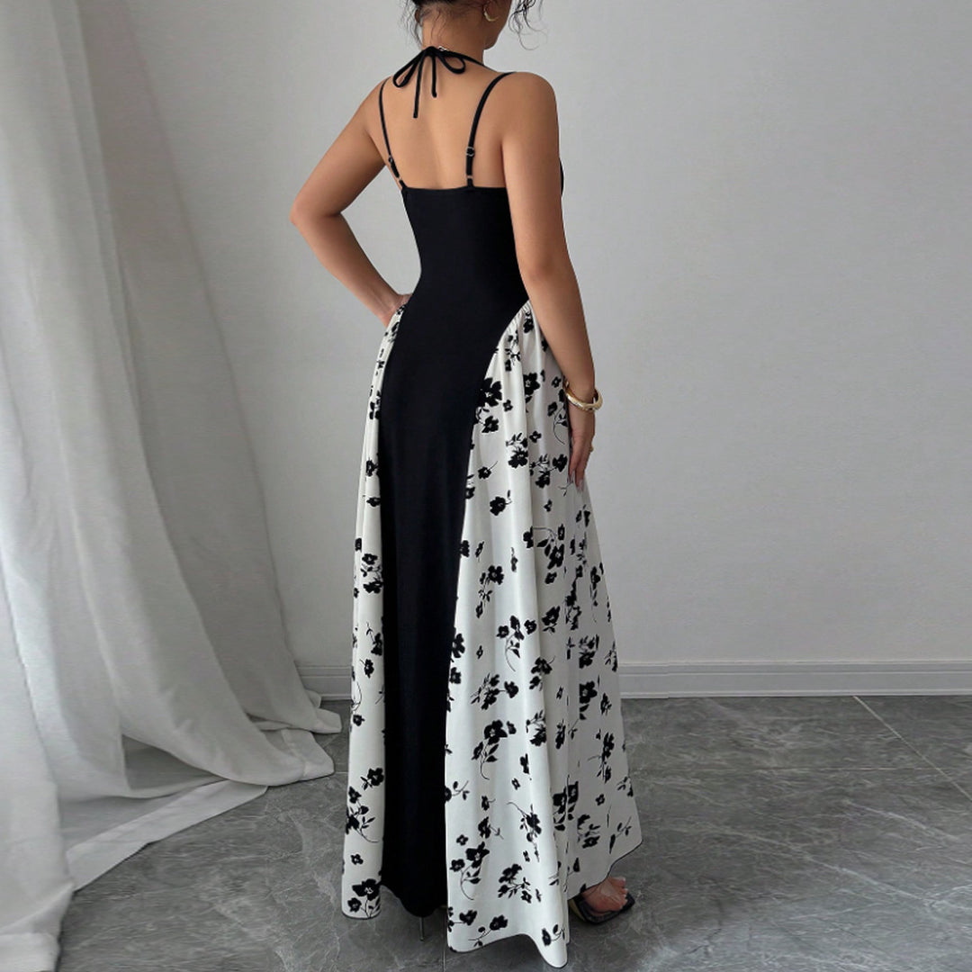 Women’s Sweetheart Contrast Floral-Panel Maxi Dress