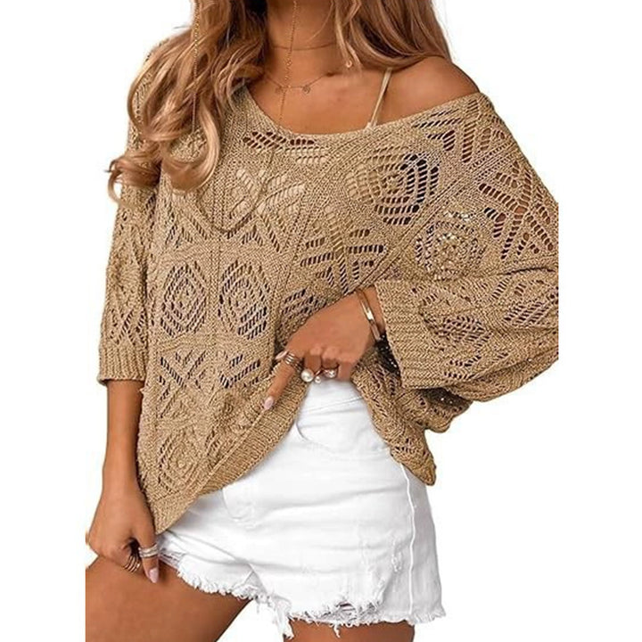 VISSONG Women’s Geometric Pointelle Wide-Neck Knit Top