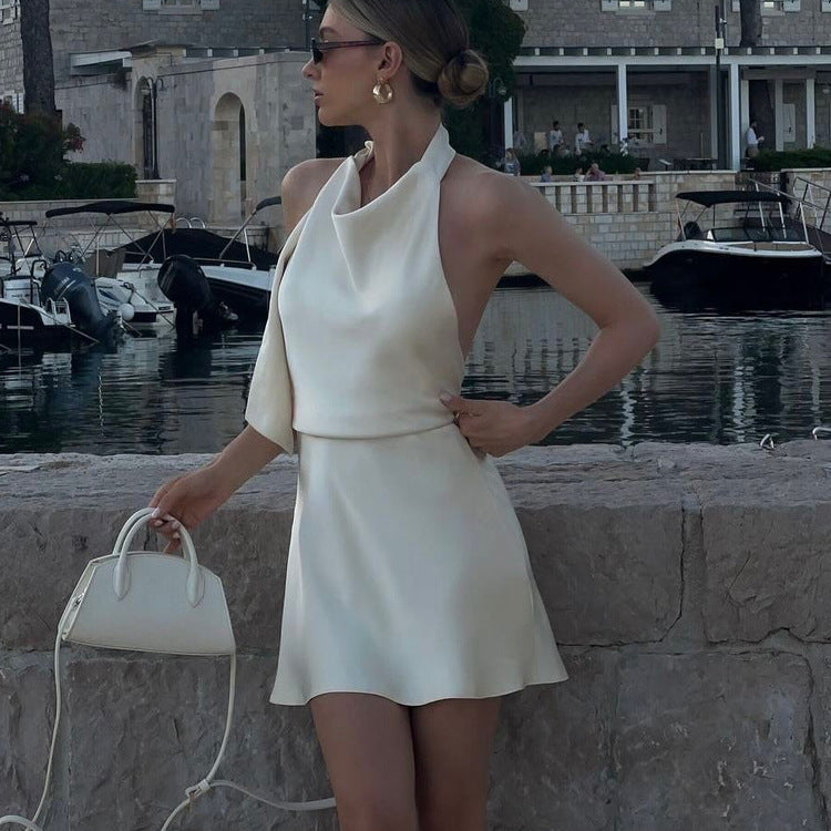 Draped Halter Open-Back Mini Dress