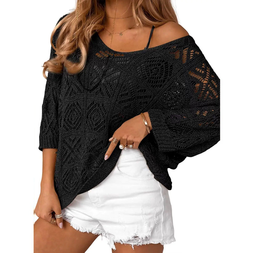 VISSONG Women’s Geometric Pointelle Wide-Neck Knit Top