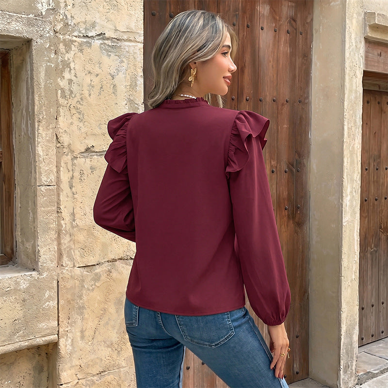 Ruffle-Shoulder Buttoned Long-Sleeve Blouse