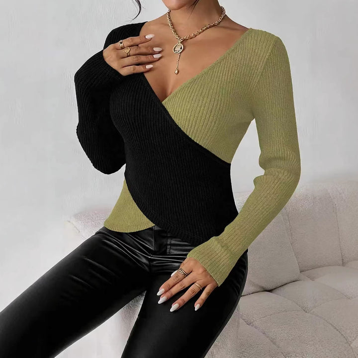 VISSONG Women’s Colorblock Crossover Ribbed Knit Top