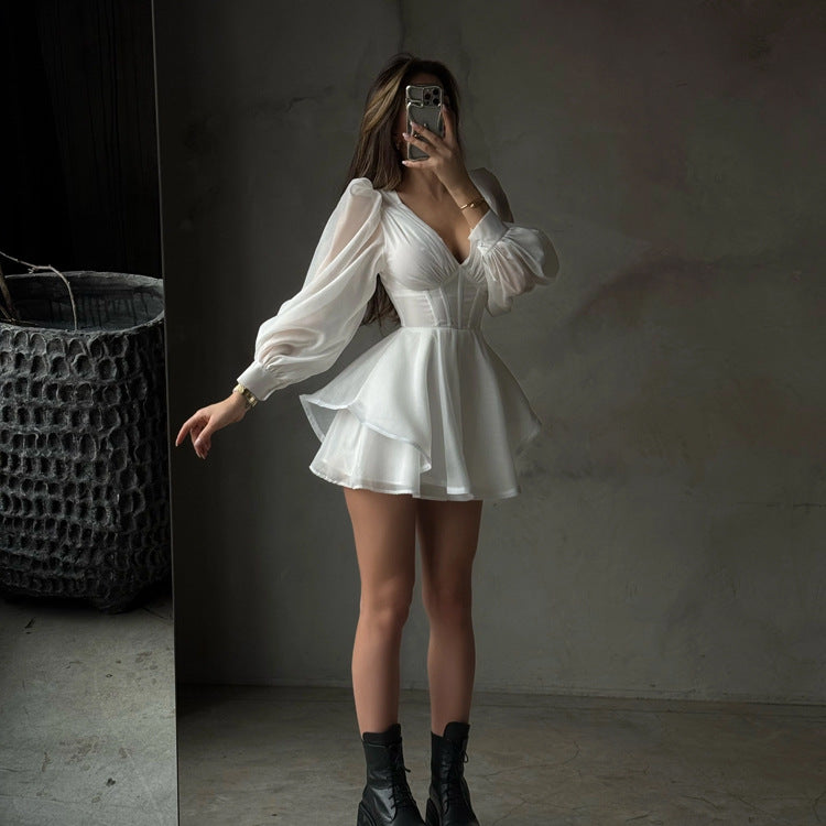 Corset-Waist Puff Sleeve Mini Dress