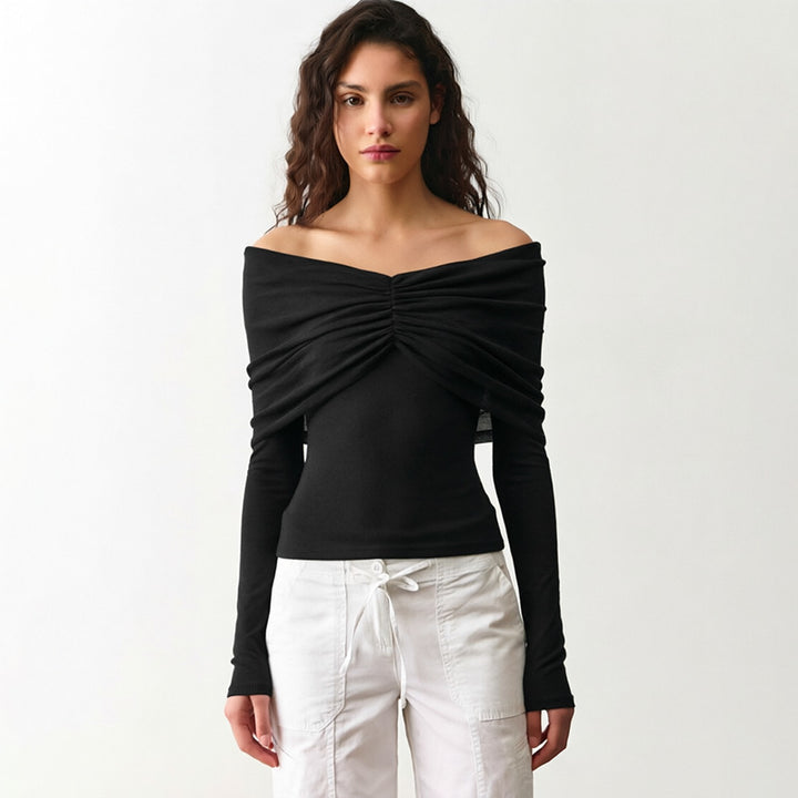 VISSONG Ruched Off-Shoulder Mesh Overlay Top