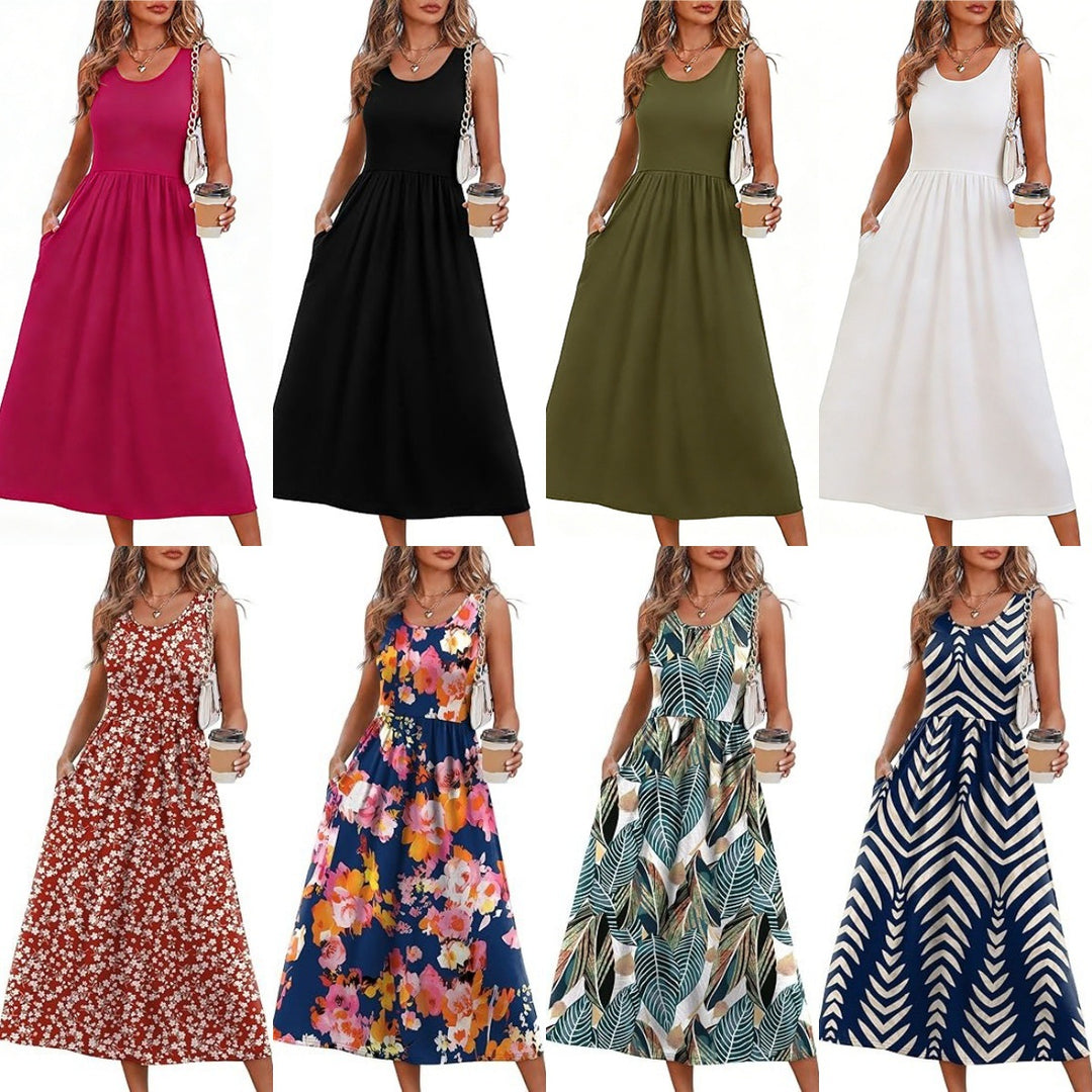 VISSONG Women’s Sleeveless Gathered-Waist Pocket Midi Dress