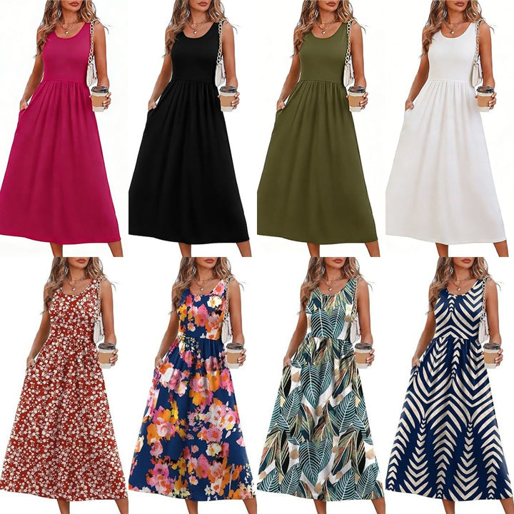 VISSONG Women’s Sleeveless Gathered-Waist Pocket Midi Dress