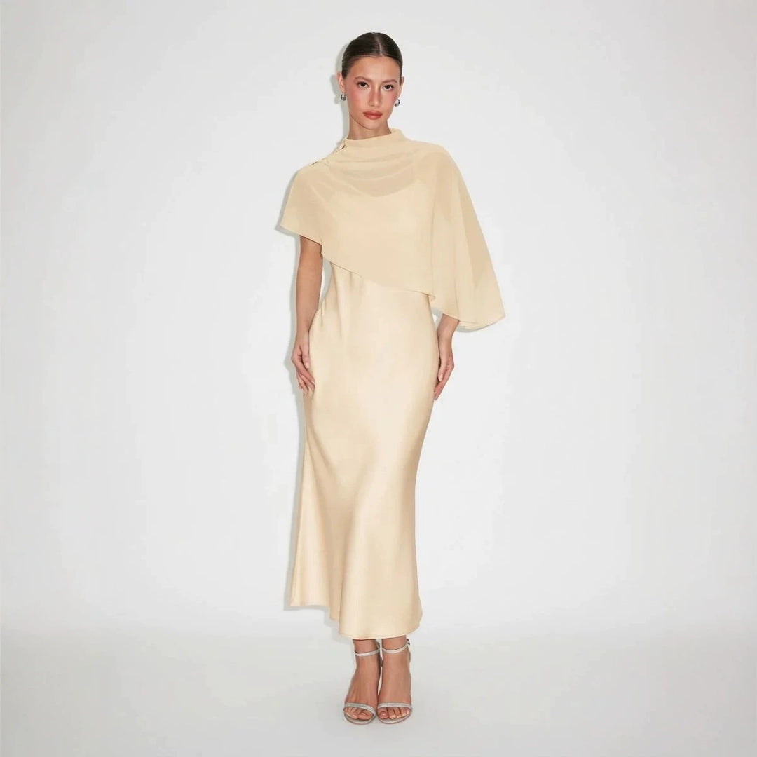 Elegant Sheer Cape Satin Midi Dress