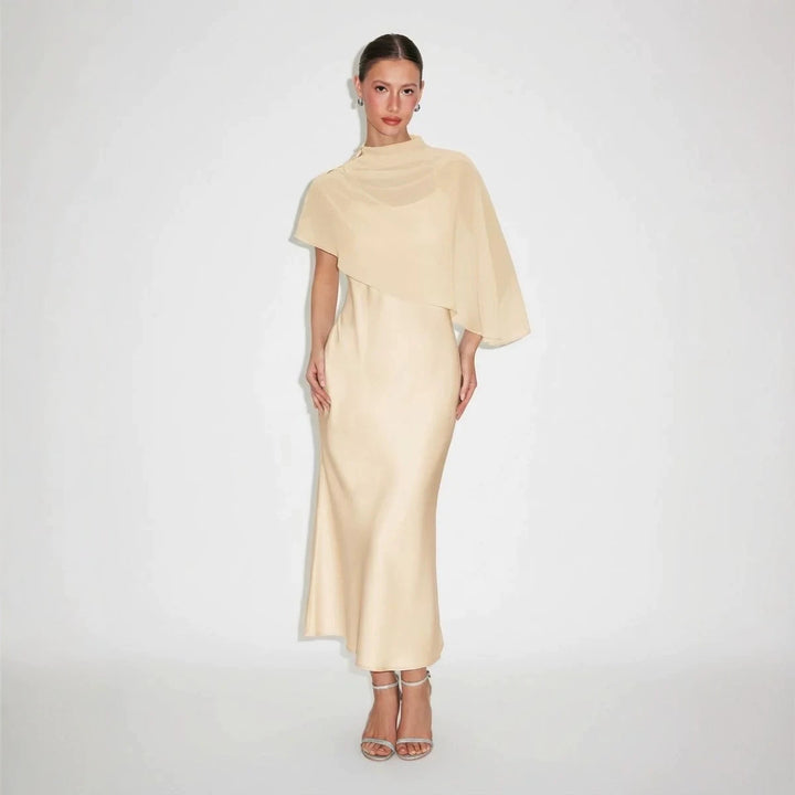 Elegant Sheer Cape Satin Midi Dress