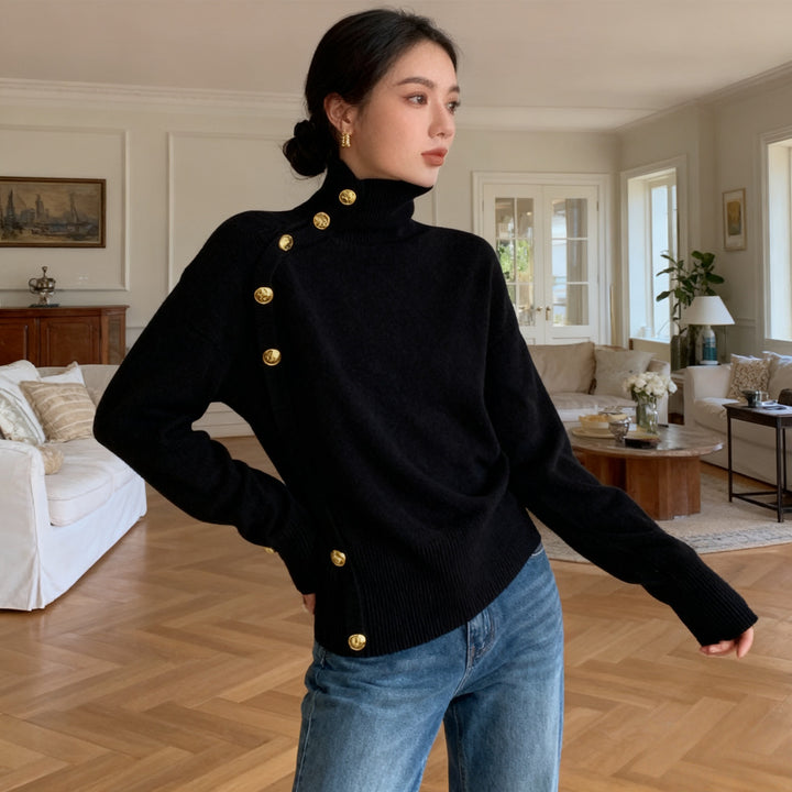 VISSONG Women’s Asymmetric Gold-Button Turtleneck Sweater