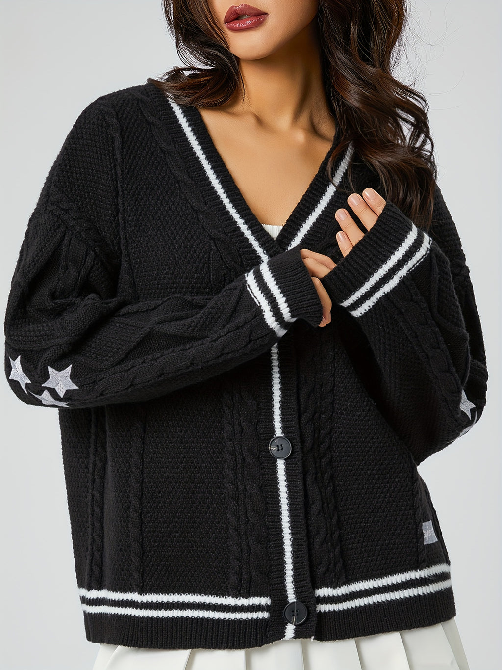 Star-Accent Cable Knit Varsity Cardigan