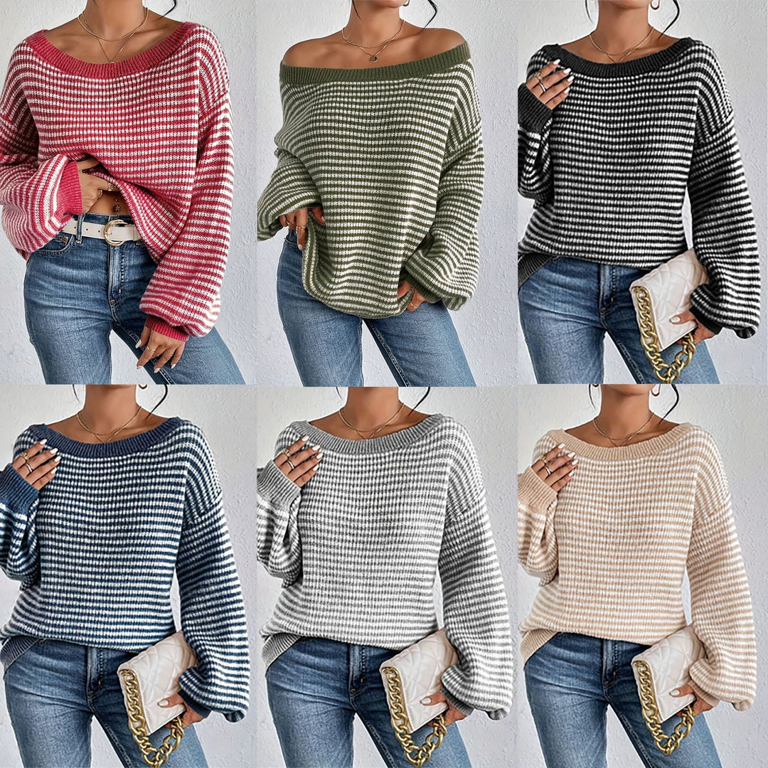 VISSONG Women’s Wide-Neck Fine-Stripe Relaxed Knit Sweater