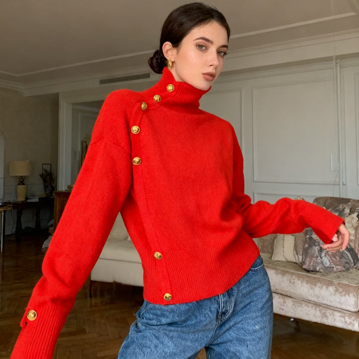 VISSONG Women’s Asymmetric Gold-Button Turtleneck Sweater