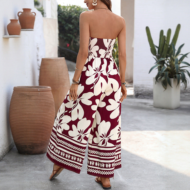 Strapless Tie-Front Floral Wide-Leg Jumpsuit