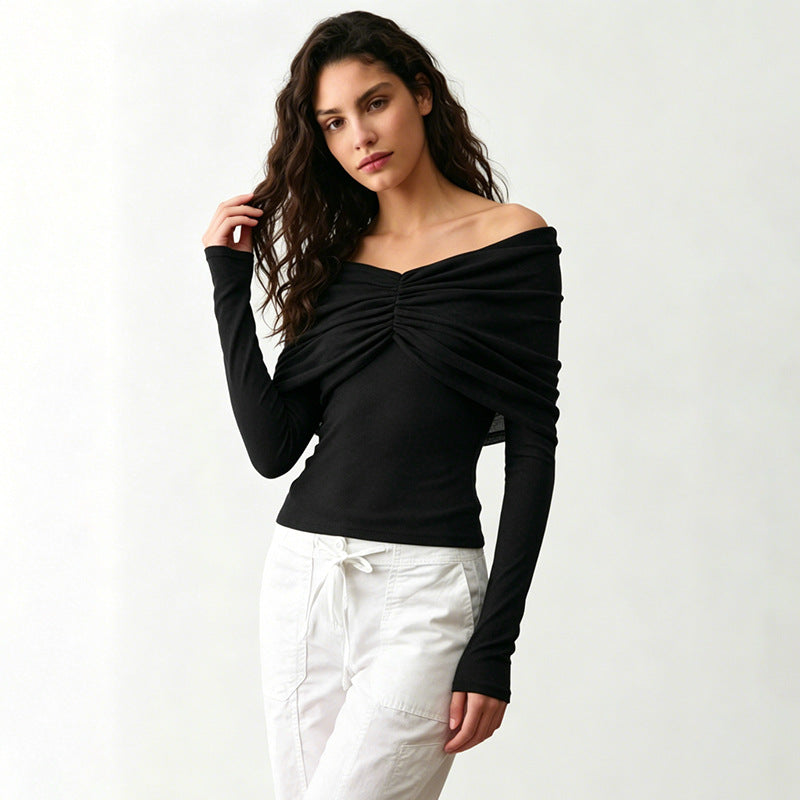 VISSONG Ruched Off-Shoulder Mesh Overlay Top