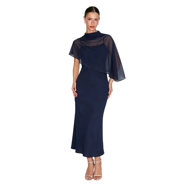 Elegant Sheer Cape Satin Midi Dress