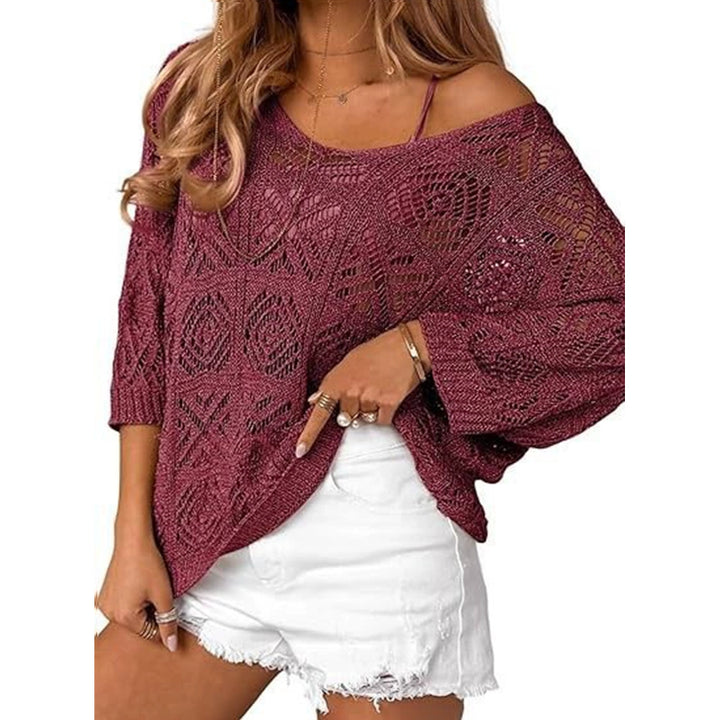VISSONG Women’s Geometric Pointelle Wide-Neck Knit Top