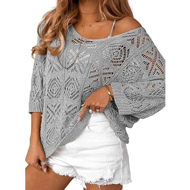 VISSONG Women’s Geometric Pointelle Wide-Neck Knit Top