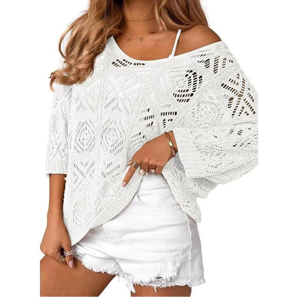 VISSONG Women’s Geometric Pointelle Wide-Neck Knit Top