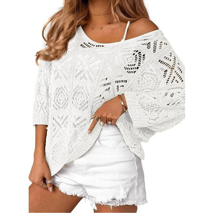 VISSONG Women’s Geometric Pointelle Wide-Neck Knit Top