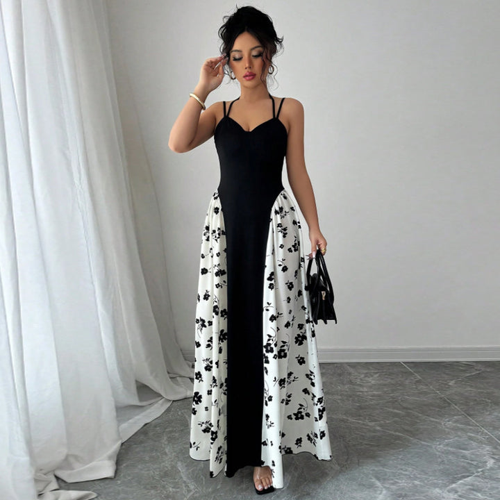 Women’s Sweetheart Contrast Floral-Panel Maxi Dress