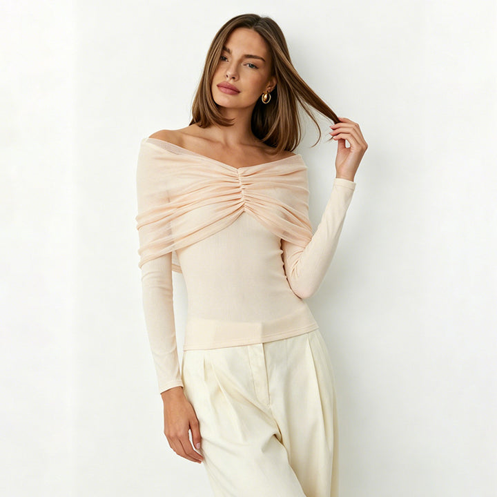 VISSONG Ruched Off-Shoulder Mesh Overlay Top
