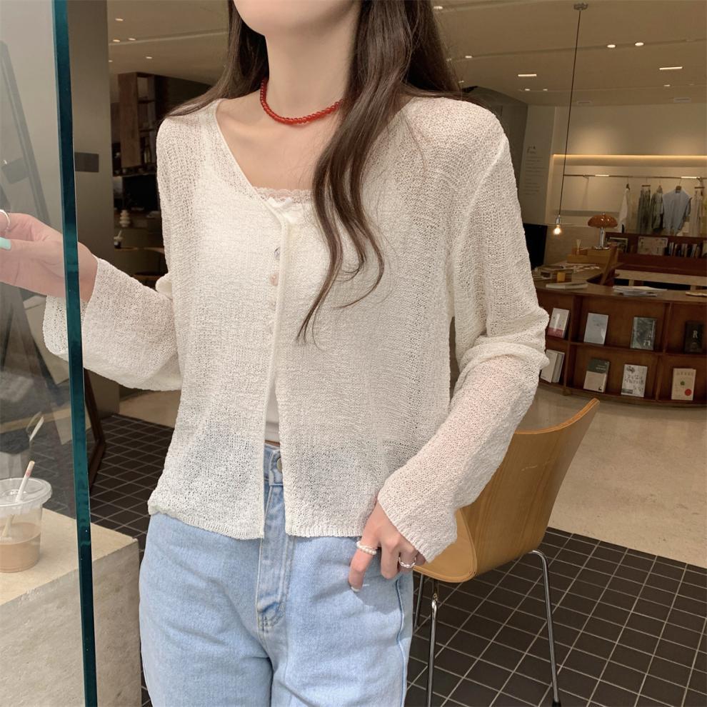 VISSONG Women’s Airy Open-Knit V-Neck Button Cardigan