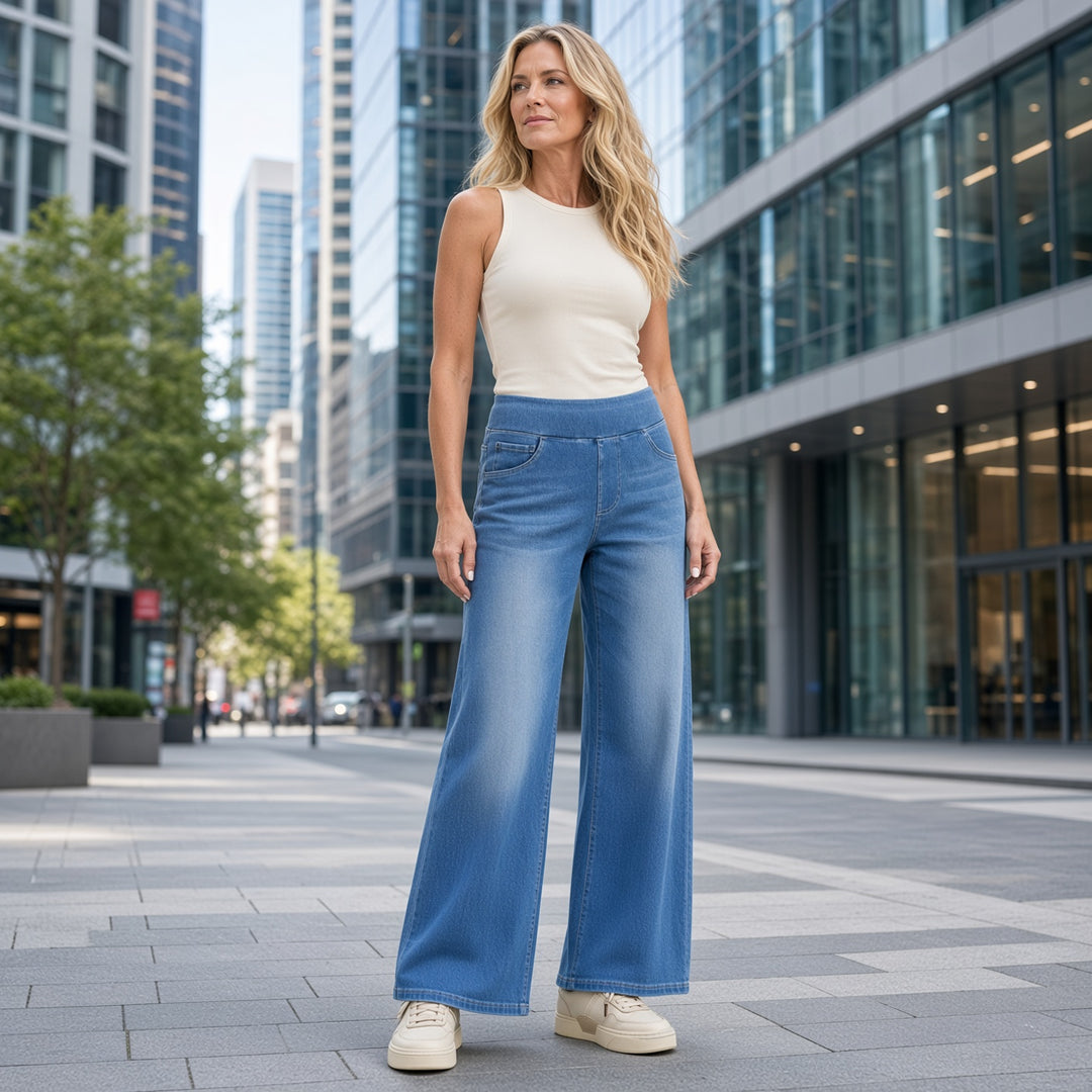 VISSONG Women’s Comfort-Waist Pull-On Wide-Leg Jeans
