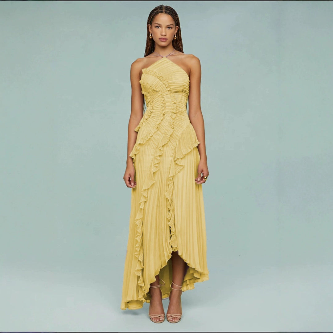 Women’s Pleated Halter Ruffle Maxi Dress