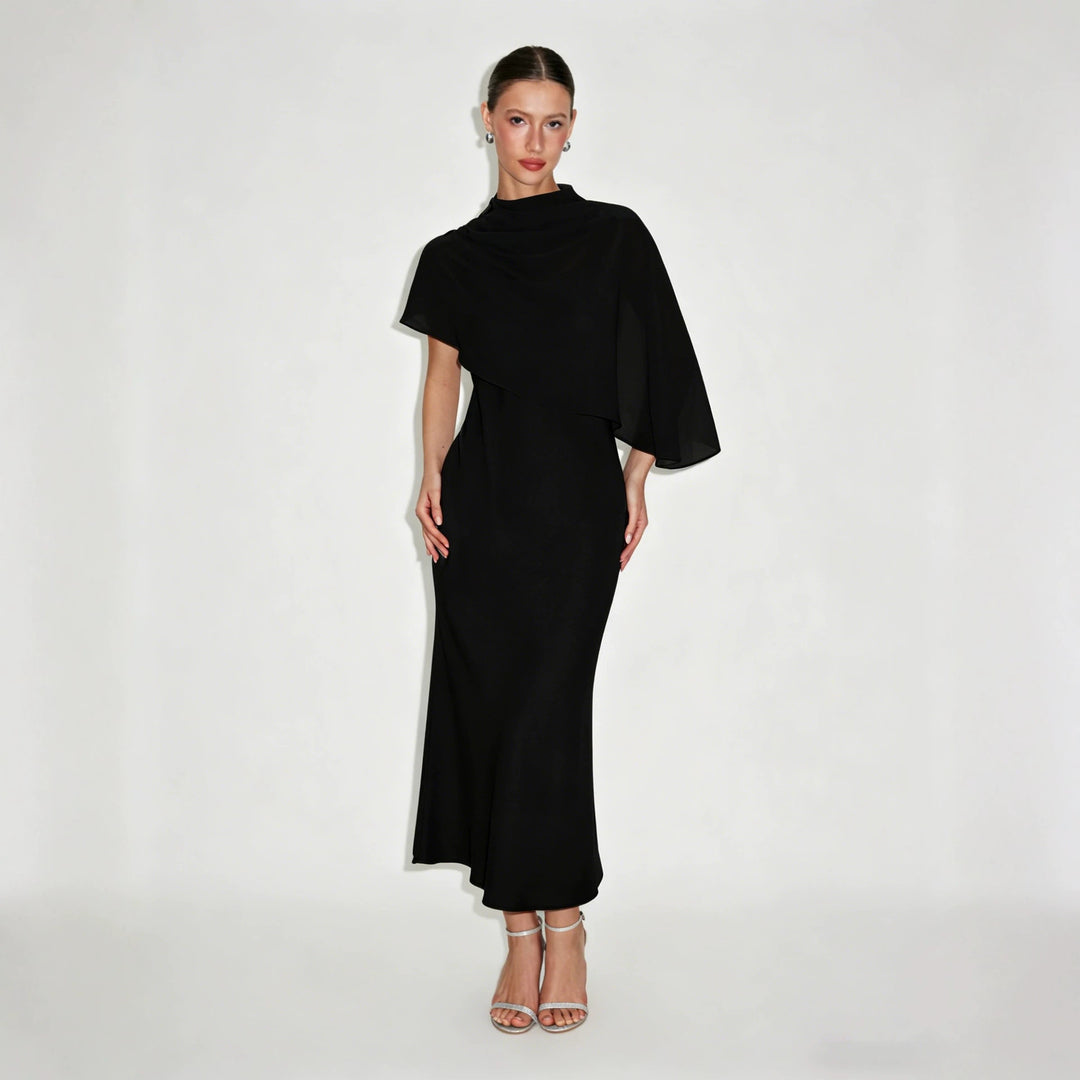 Elegant Sheer Cape Satin Midi Dress