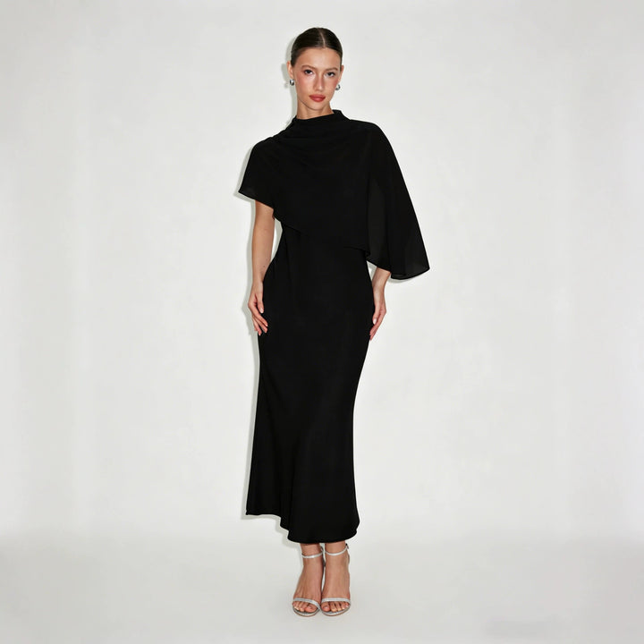 Elegant Sheer Cape Satin Midi Dress