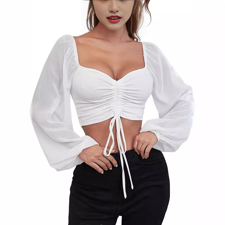 Soft Sheer Puff Sleeve Ruched Crop Top